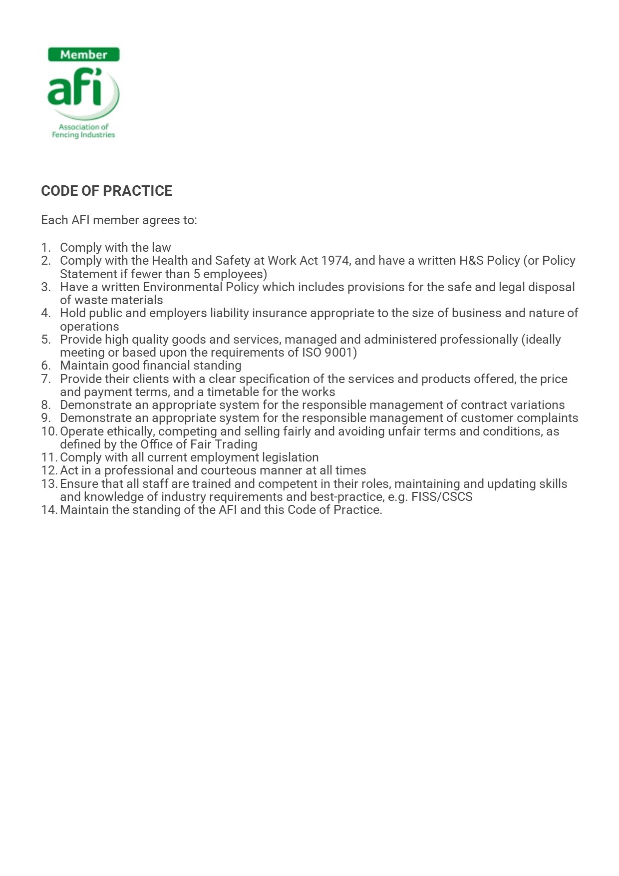 AFI code of practice